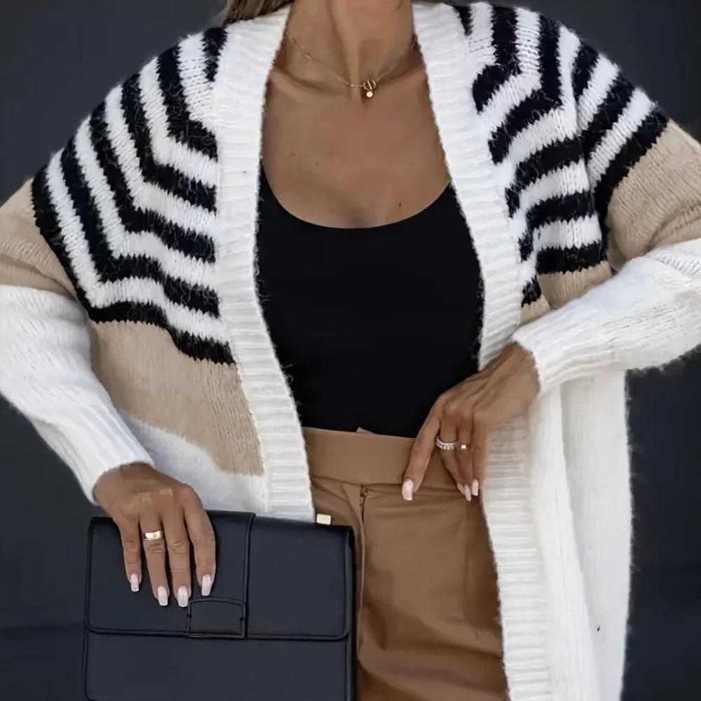 Casual Open Front Long Sleeve Color Block Mid Length Knit Cardigan - Picture 2 of 7